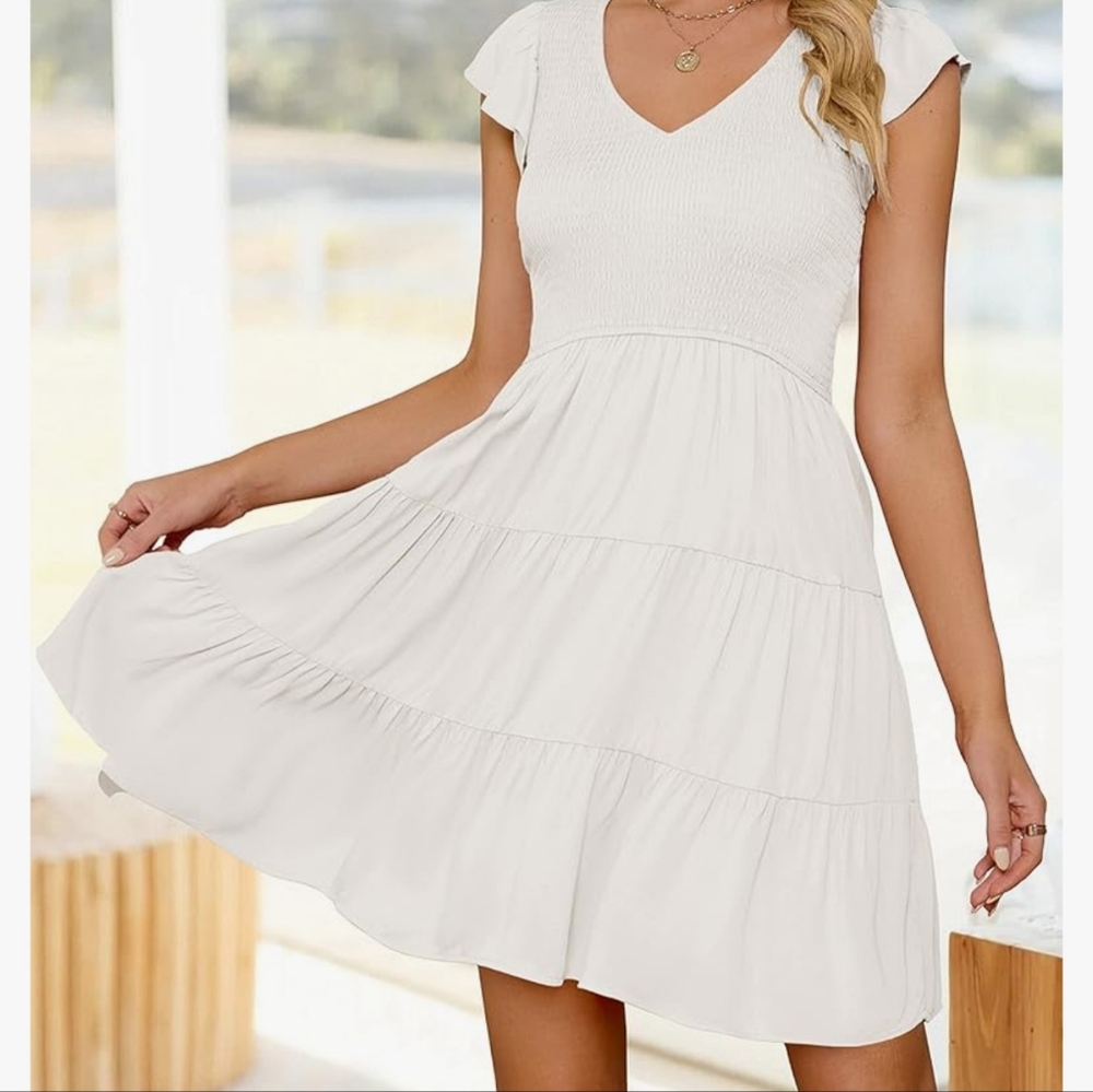 Womens White Summer Casual V Neck Flutter Sleeve Bohemian